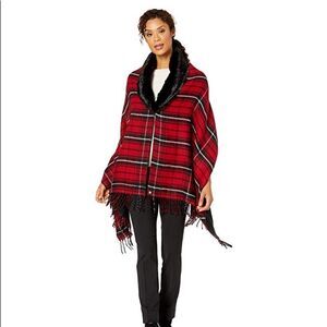 LAUREN Ralph Lauren Holiday Faux Fur Collar Wrap (Black/Red Plaid)